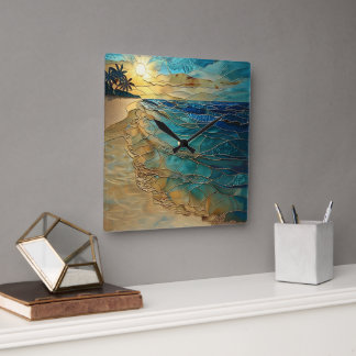 Reloj Cuadrado Stained Glass Ocean Beach Wall Clock