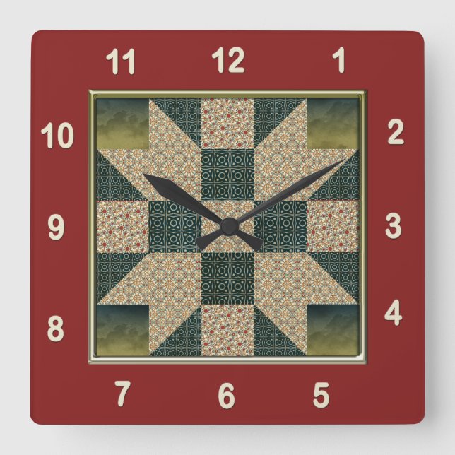 Reloj Cuadrado Star Patch QuilBlock Gold & Green (Anverso)