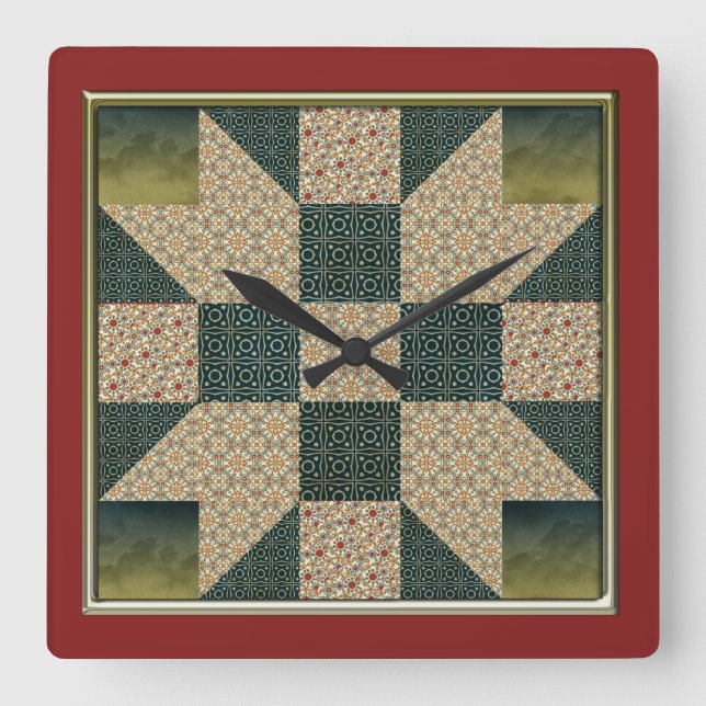 Reloj Cuadrado Star Patch QuilBlock Gold y Green sin números (Anverso)