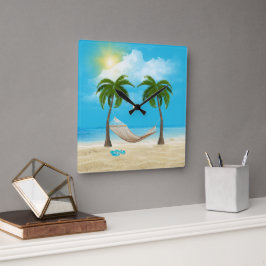 Reloj Cuadrado Starfish and Hammock en la playa tropical