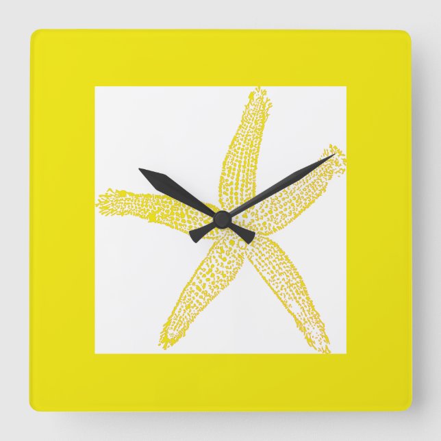 Reloj Cuadrado Starfish Coastal Beach Theme Yellow White Guay (Anverso)
