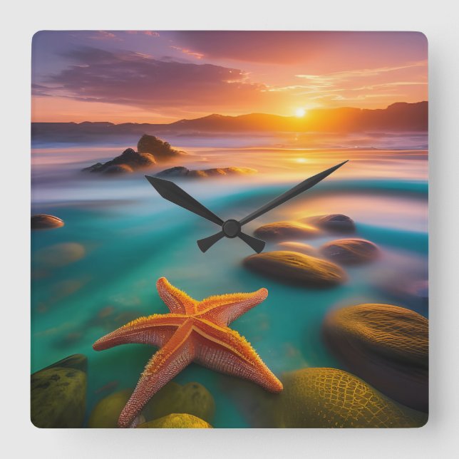 Reloj Cuadrado Starfish en la playa en Dawn (Anverso)