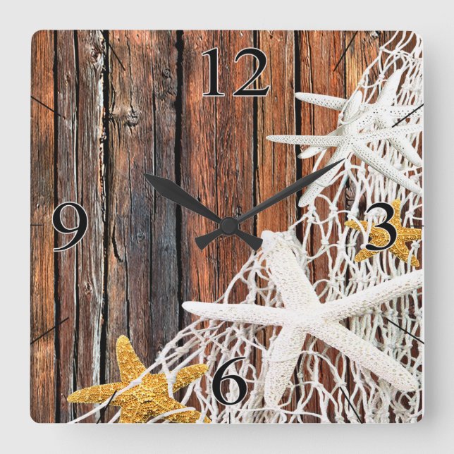 Reloj Cuadrado Starfish Netting Beach Wood Coastal Living| marrón (Anverso)