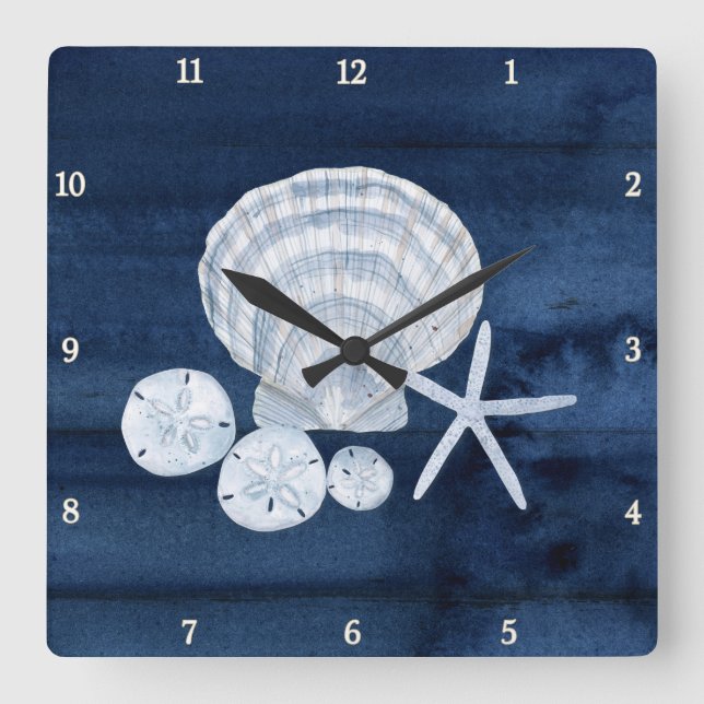 Reloj Cuadrado Starfish Sea Shells Beach Sand Dollar Azul n Blanc (Anverso)