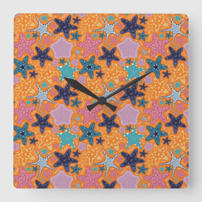 Reloj Cuadrado Starfishes coloridas con un fondo de color naranja (Anverso)