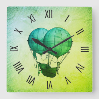 Reloj Cuadrado Steampunk Hot Air Balloons with Ship Green