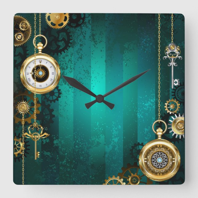 Reloj Cuadrado Steampunk Jewelry Watch sobre un fondo verde (Anverso)