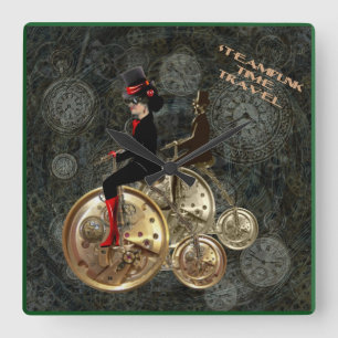 Reloj Cuadrado Steampunk time travel, clockwork penny farthing