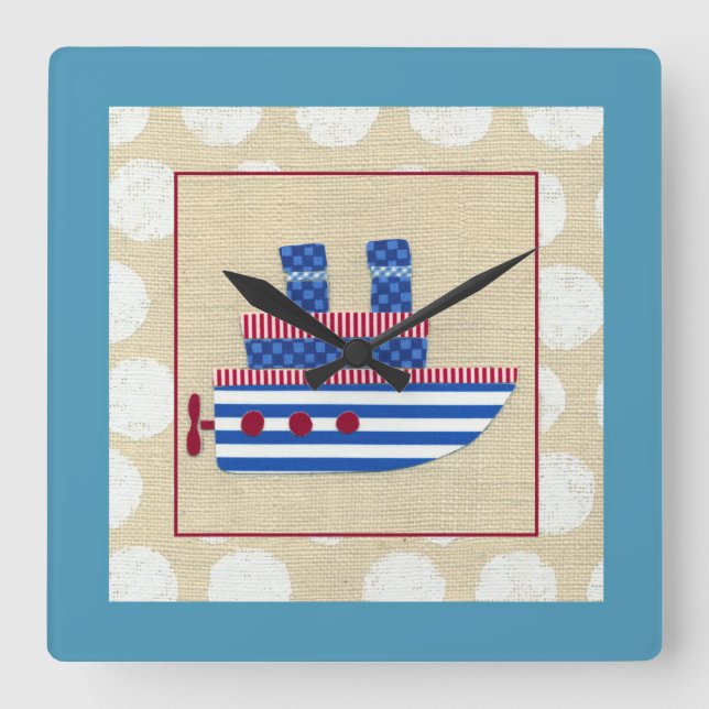 Reloj Cuadrado Steamship with Propeller and Blue Smokestacks (Anverso)