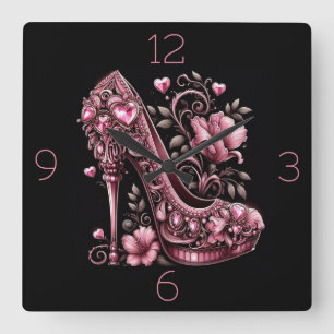 Reloj Cuadrado Stilettos rosados con corazón y flores