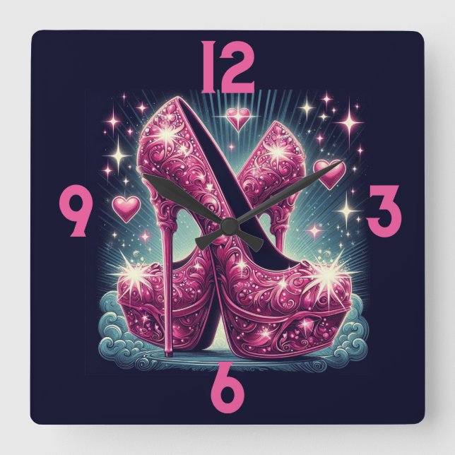 Reloj Cuadrado Stilettos y corazones rosados (Anverso)