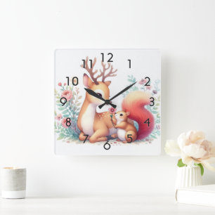 Reloj Cuadrado Storybook Woodland Babies Deer Y Chipmunk