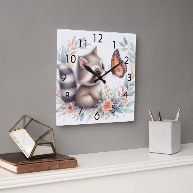 Reloj Cuadrado Storybook Woodland Babies Raccoon Y Butfly (Oficina)