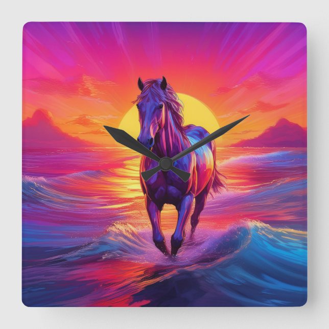 Reloj Cuadrado Stunning Artwork of Horse at Sunset (Anverso)