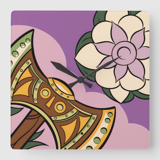 Reloj Cuadrado Stylized Axe and Flower Design (Anverso)