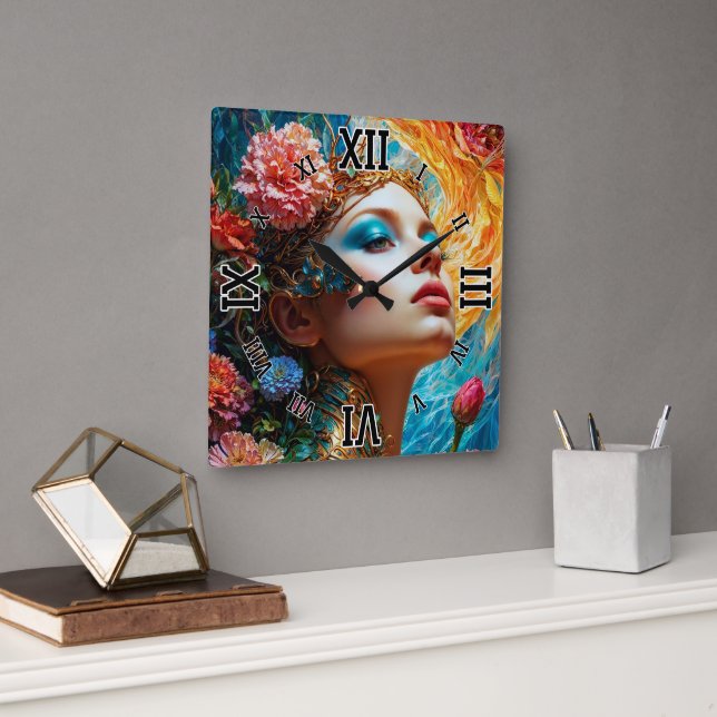 Reloj Cuadrado Su floral relata el arte de Xzendor7 (Oficina)