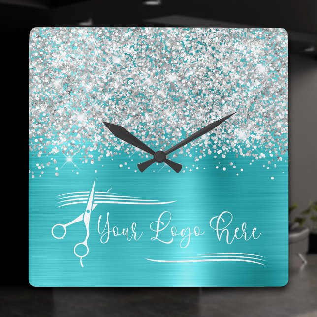 Reloj Cuadrado Su logotipo Silver Purpurina Turquoise Blue Glam (Your Logo Silver Glitter Turquoise Blue Glam Square Wall Clock)