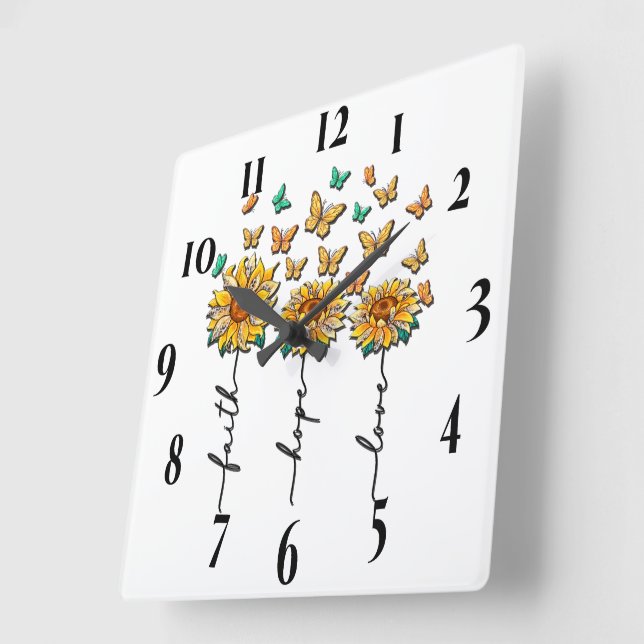 Reloj Cuadrado Sublimación inspiradora de girasol/mariposa (Ángulo)