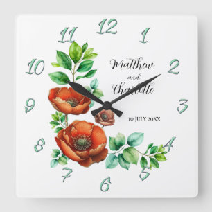 Reloj Cuadrado Sublime acuarela Red Poppies en estilo vintage