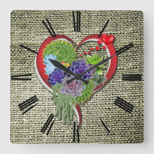 Reloj Cuadrado Suculenta decoración vegetal en el corazón