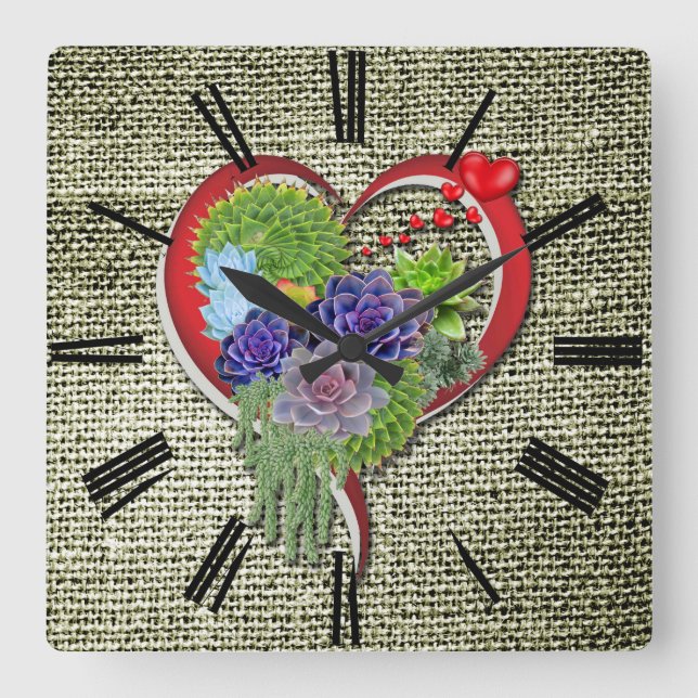 Reloj Cuadrado Suculenta decoración vegetal en el corazón (Anverso)