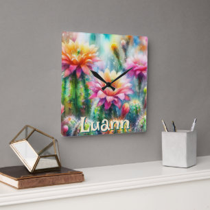 Reloj Cuadrado Suculentas Cactus Florales Personalizadas en Acuar