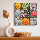 Reloj Cuadrado Suculento rosas de cactus foto de collage de flore<br><div class="desc">Rosas brillantemente rojos, amarillos y de matiz naranja y exuberantes cactus verdes, acuáticos y negros gritan cálidos días de verano. Disfrute de las flores y del ambiente tranquilo de un vibrante jardín cada vez que mire la hora en este impresionante reloj de pared fotográfico. ¡Hace un gran regalo de bienvenida!...</div>