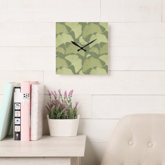 Reloj Cuadrado Sueño Botánico de Ginkgo Verde Suave 1 (Sala de lectura)