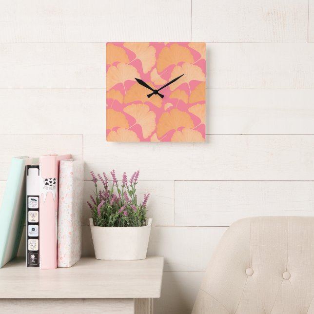 Reloj Cuadrado Sueño Botánico de Melocotón Ginkgo 1 (Sala de lectura)