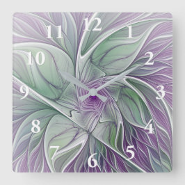 Reloj Cuadrado Sueño de flores, abstracto arte fractal verde púrp