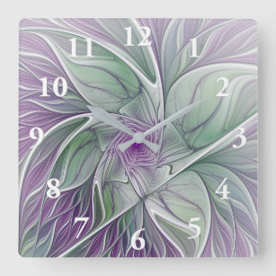 Reloj Cuadrado Sueño de flores, abstracto arte fractal verde púrp