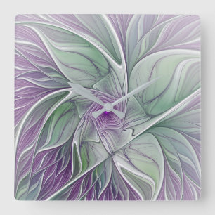 Reloj Cuadrado Sueño de flores, abstracto arte fractal verde púrp