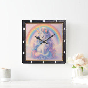 Reloj Cuadrado Sueño de Unicornio arcoiris pastel