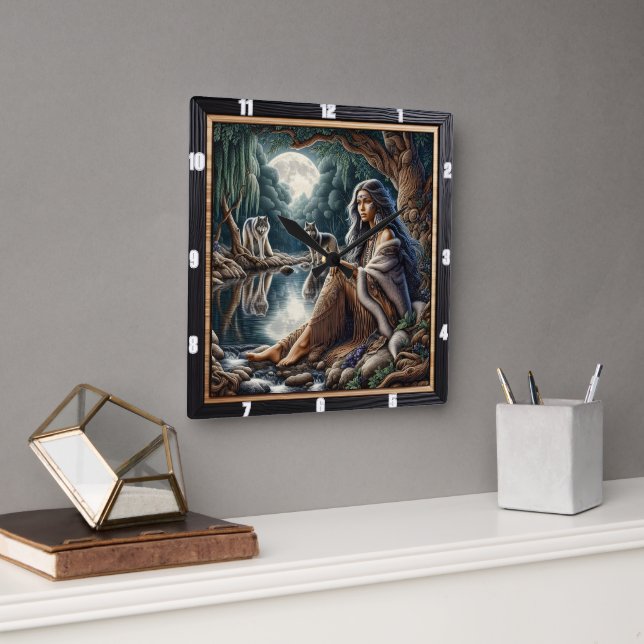 Reloj Cuadrado Sueño nativo indio: Río de las reflexiones (Oficina)