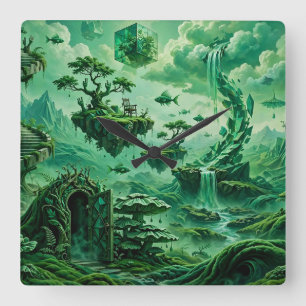 Reloj Cuadrado Sueños Esmeralda Paisaje Surrealista Tonos de Verd