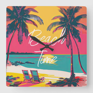 Reloj Cuadrado Summer Beach Time Retro Surfer Palm Trees Sunset