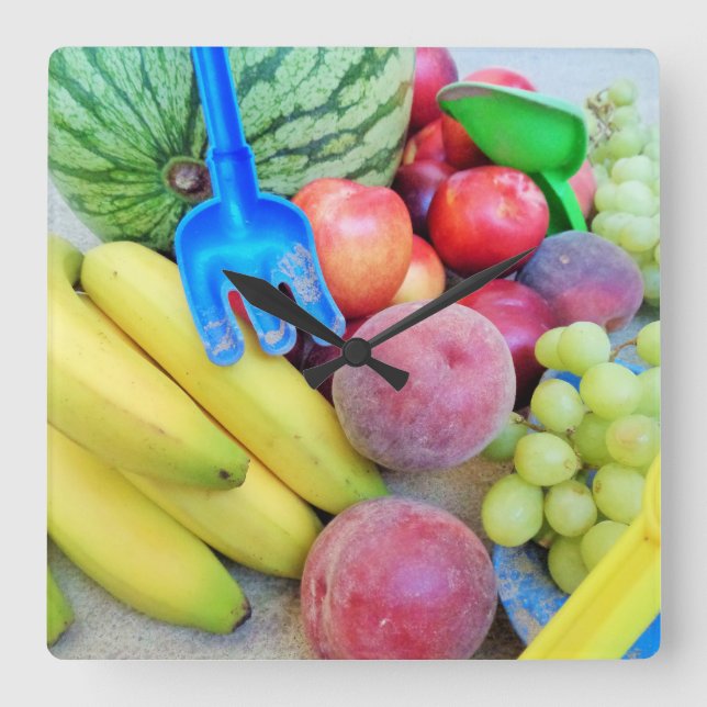 Reloj Cuadrado Summer Fruit, Food, Melon, Grapes, Peaches, Banana (Anverso)