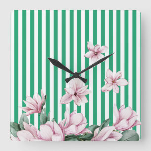 Reloj Cuadrado Summer, spring, green stripe magnolia print