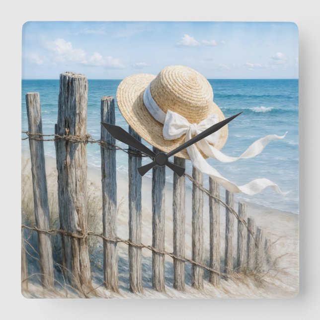 Reloj Cuadrado Summer Straw Hat On Beach Fence (Anverso)