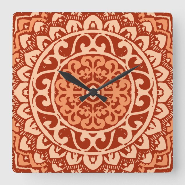 Reloj Cuadrado Sun Mandala Batik del Suroeste, Naranja Coral (Anverso)