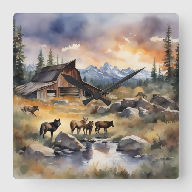 Reloj Cuadrado Sun set at the old barn (Anverso)