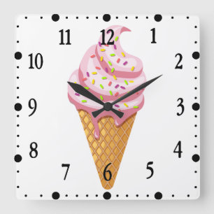 Reloj Cuadrado Sundae de fresa en cono de gofre con tope
