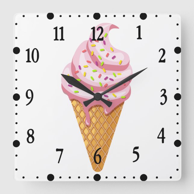 Reloj Cuadrado Sundae de fresa en cono de gofre con tope (Anverso)