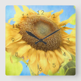 Reloj Cuadrado Sunflower Watercolor Country Rústico amarillo azul