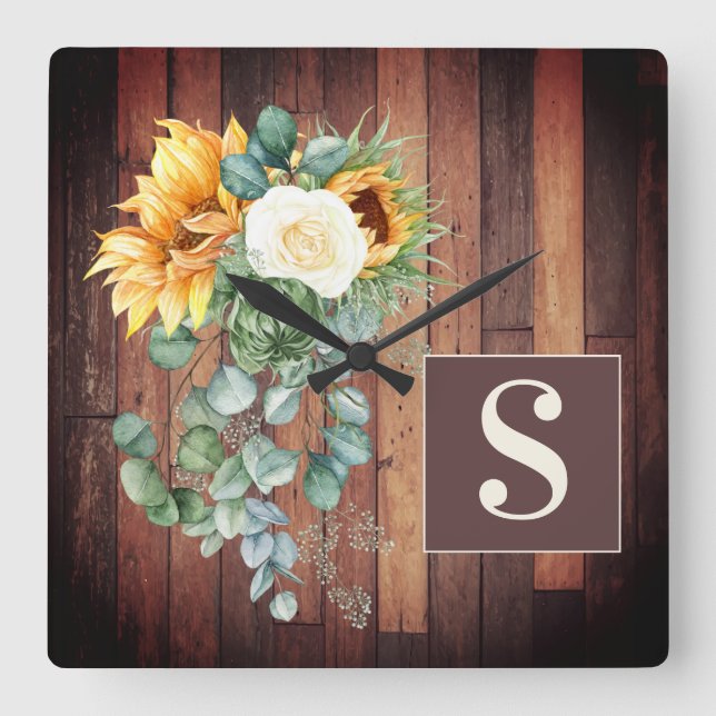 Reloj Cuadrado Sunflowers Rustic Wood Eucalyptus deja Monograma (Anverso)