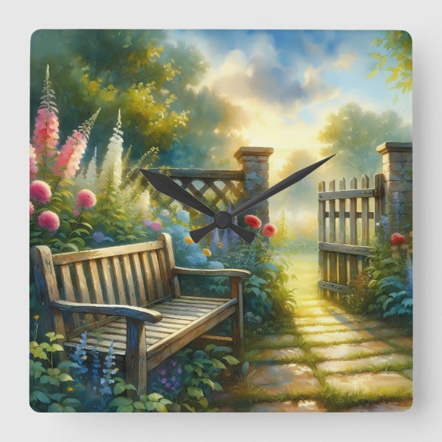 Reloj Cuadrado Sunlit Garden Pathway Gate Scene (Anverso)