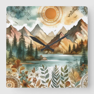 Reloj Cuadrado Sunny Rustic Boho Nature Pattern Mountain Lake