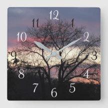 Sunset Through Oak Tree Silhouette Wall Clock