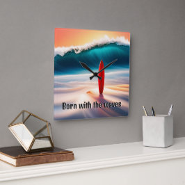 Reloj Cuadrado Surfboard vertical en arena con ola