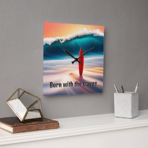 Reloj Cuadrado Surfboard vertical en arena con ola